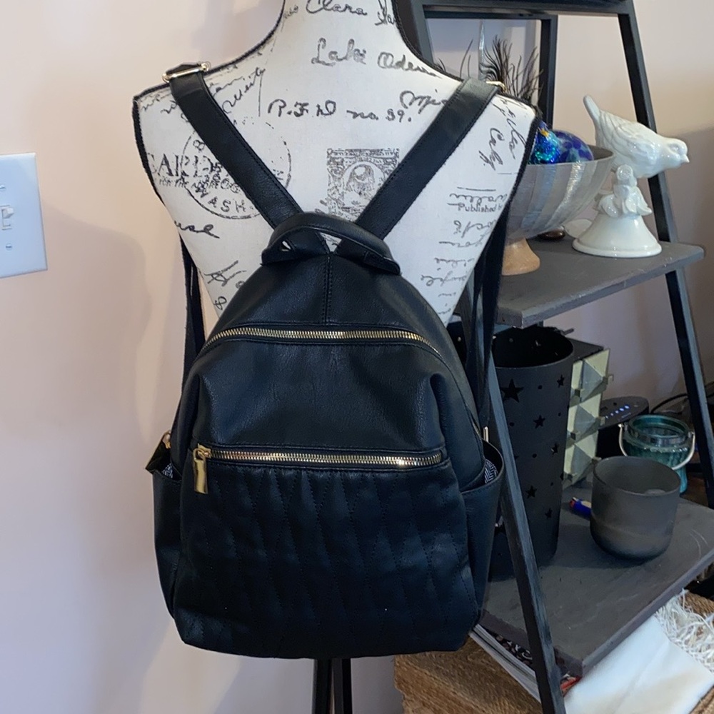 Designer Look Black Faux Leather Quilted Backpack Purse - Picture 2 of 13